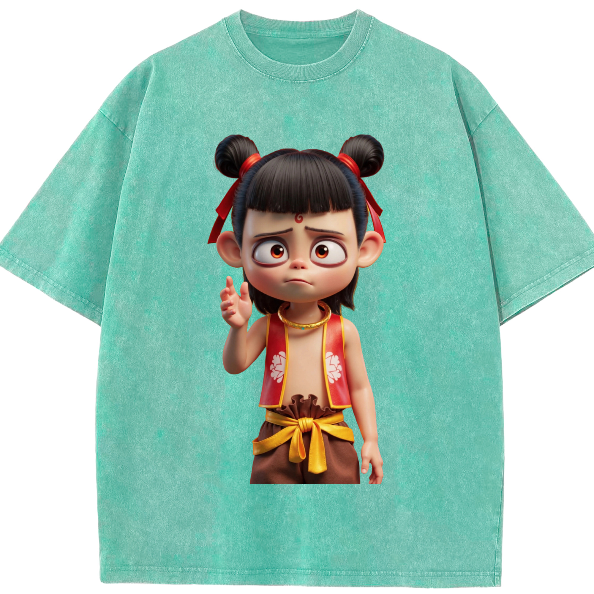 （画像用） Ne Zha 2 ナタ 魔童の大暴れ 綿100% ヴィンテージ風 半袖Tシャツ（フロントプリント）